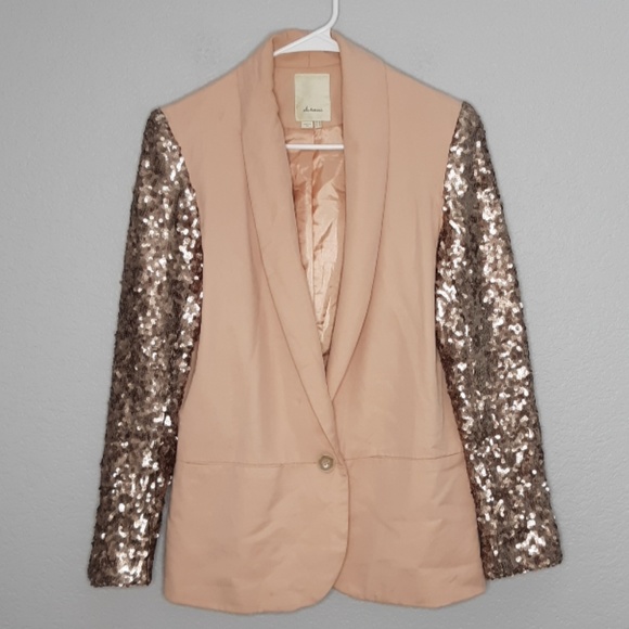 Anthropologie Jackets & Blazers - Anthropologie Elevenses Tan Sequin Sleeve Blazer